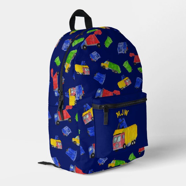 Painted Garbage Trucks Boys Monogrammed Printed Backpack (Back Corner Left)