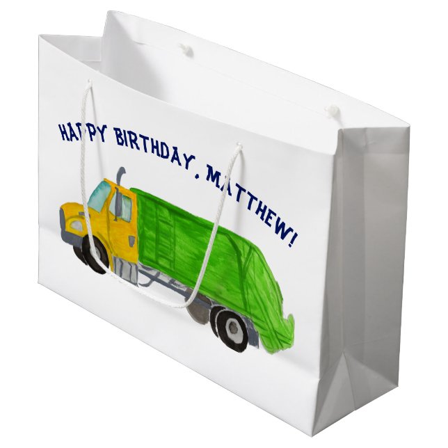 Painted Garbage Trucks Boys Personalised Large Gift Bag (Front Angled)