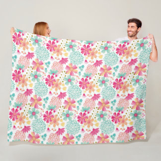Painted Garden Flowers Pink Turquoise Pastels Fleece Blanket