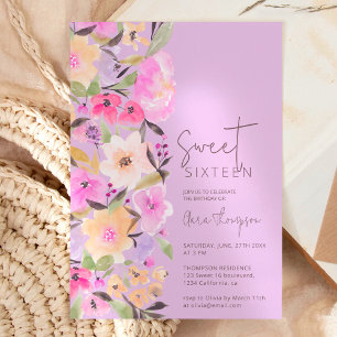 Painted garden flowers watercolor Sweet 16 Invitation