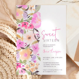 Painted garden flowers watercolor Sweet 16 Invitation