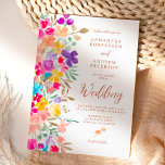 Painted garden wildflowers photo script wedding invitation<br><div class="desc">A modern,  delicate hand painted garden wild flowers in bright hues,  pink,  red,  blue,  yellow and green,  with an elegant brush script font to celebrate your summer outdoor wedding in style. Add your photo at the back!</div>