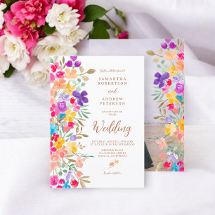 Painted garden wildflowers photo script wedding invitation