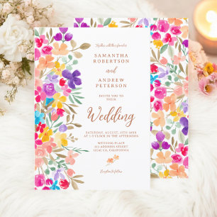 Painted garden wildflowers photo script wedding invitation