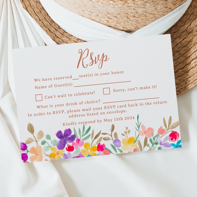 Painted garden wildflowers script wedding RSVP card (Painted garden wildflowers script wedding RSVP card)