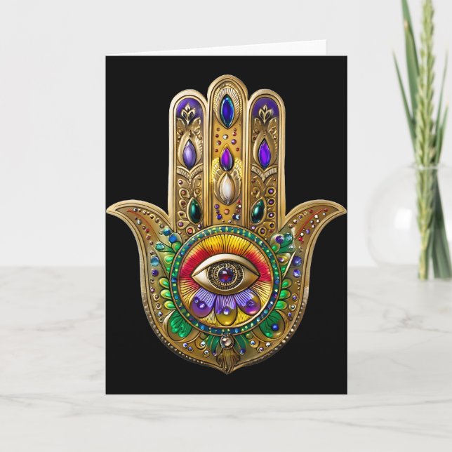 Painted Gold Hamsa Amethyst Ruby Third Eye Card (Front)
