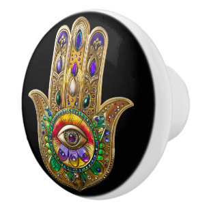 Painted Gold Hamsa Amethyst Ruby Third Eye Ceramic Knob