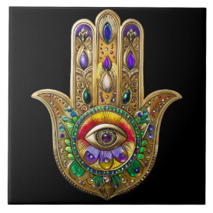 Painted Gold Hamsa Amethyst Ruby Third Eye Ceramic Tile
