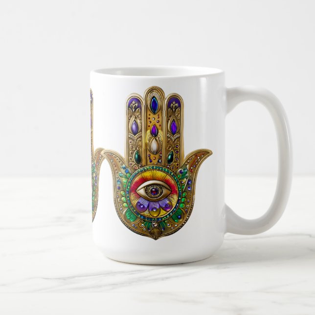 Painted Gold Hamsa Amethyst Ruby Third Eye Coffee Mug (Right)