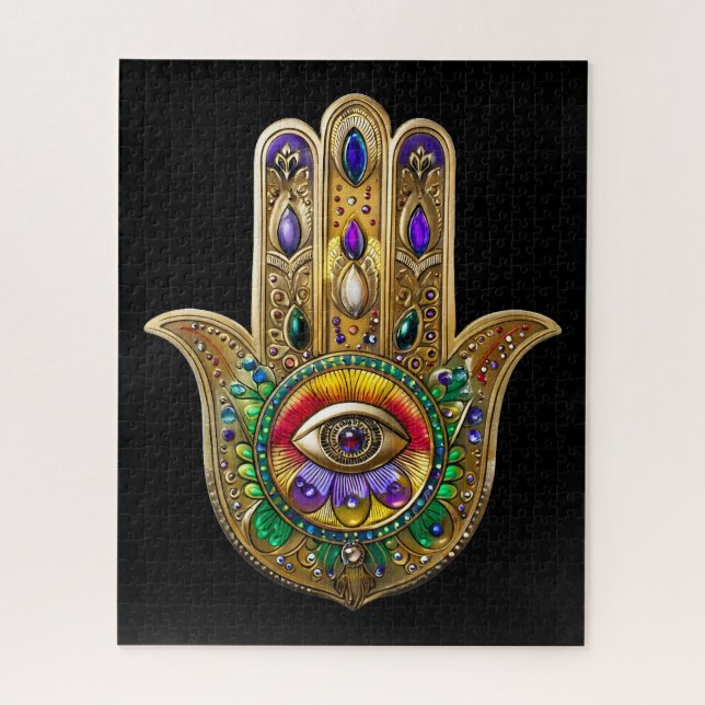Painted Gold Hamsa Amethyst Ruby Third Eye Jigsaw Puzzle (Vertical)