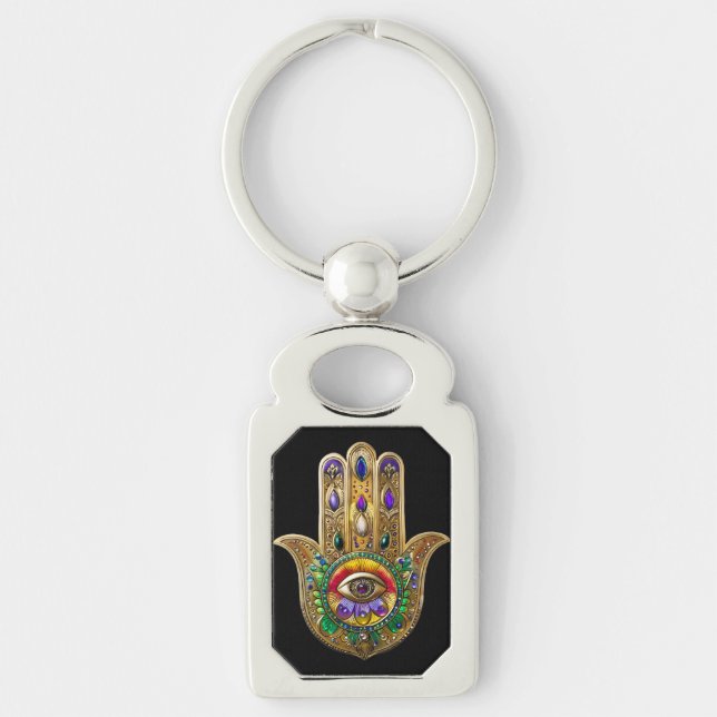 Painted Gold Hamsa Amethyst Ruby Third Eye Key Ring (Front)
