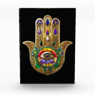 Painted Gold Hamsa Amethyst Ruby Third Eye Photo Block