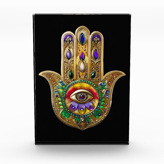 Painted Gold Hamsa Amethyst Ruby Third Eye Photo Block (Front)