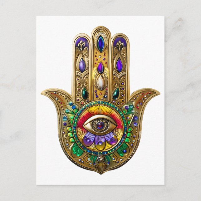 Painted Gold Hamsa Amethyst Ruby Third Eye Postcard (Front)