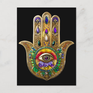 Painted Gold Hamsa Amethyst Ruby Third Eye Postcard