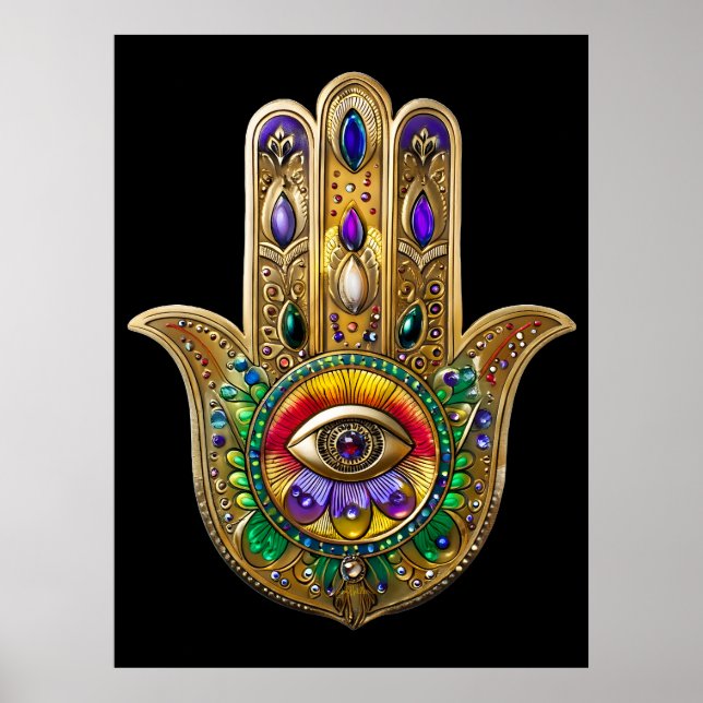 Painted Gold Hamsa Amethyst Ruby Third Eye Poster (Front)