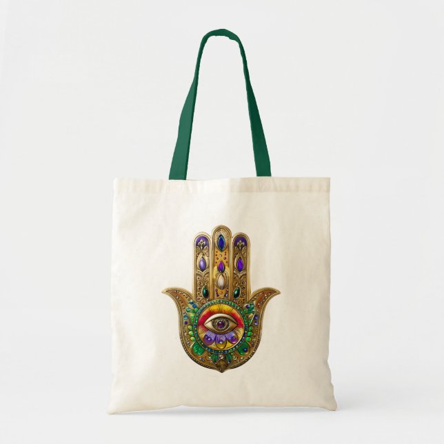 Painted Gold Hamsa Amethyst Ruby Third Eye Tote Bag (Front)