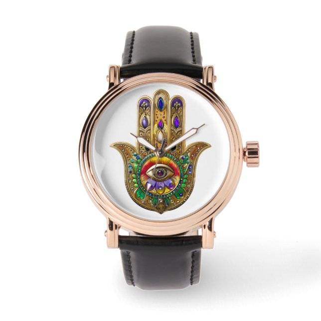 Painted Gold Hamsa Amethyst Ruby Third Eye Watch (Front)