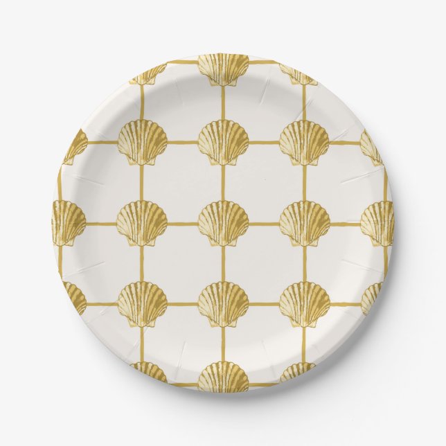 Painted Golden Yellow Coastal Seashell Checkers Paper Plate (Front)