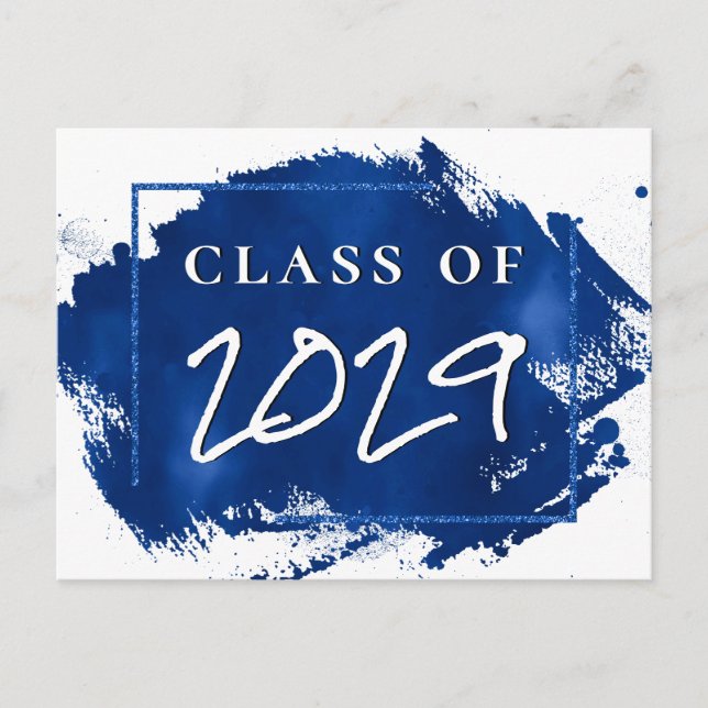 Painted Grad | Blue Splatter Brushstroke Party Invitation Postcard (Front)