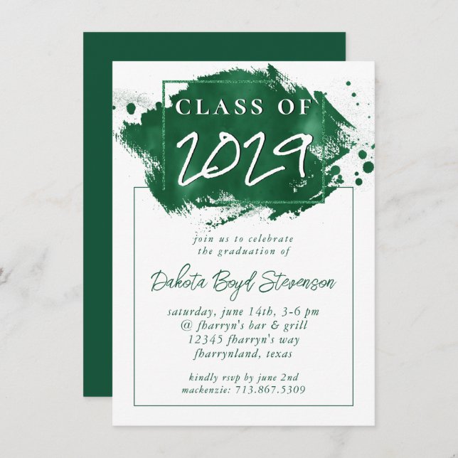 Painted Grad | Green Splatter Brushstroke Party Invitation (Front/Back)