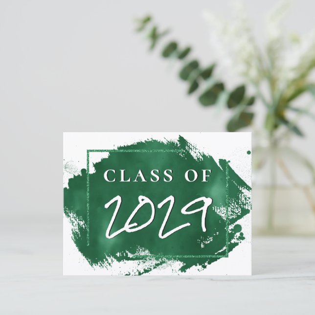 Painted Grad | Green Splatter Brushstroke Party Invitation Postcard (Standing Front)