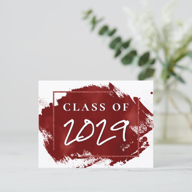 Painted Grad | Red Splatter Brushstroke Party Invitation Postcard (Standing Front)