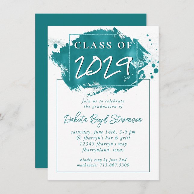 Painted Grad | Teal Splatter Brushstroke Party Invitation (Front/Back)