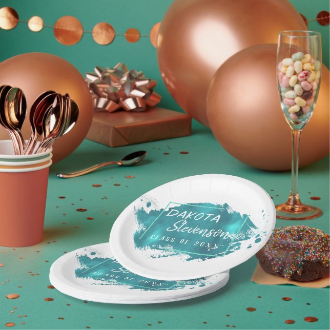 Painted Grad | Teal Splatter Brushstroke Party Paper Plate (Multi)