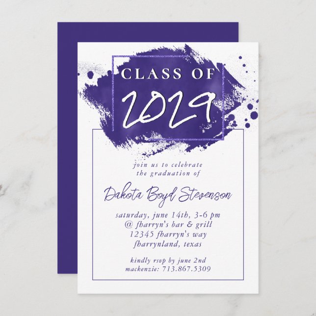 Painted Grad | Violet Purple Splatter Brushstroke Invitation (Front/Back)