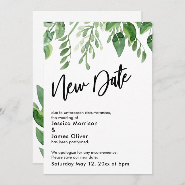 Painted Greenery Postponed Wedding New Date Card (Front/Back)