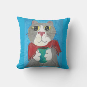 Painted Grey Cat with Coffee Folk Art Fun Cushion