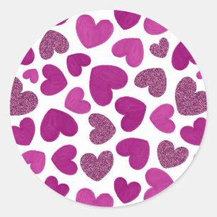 Painted hearts pattern - magenta & glitter classic round sticker