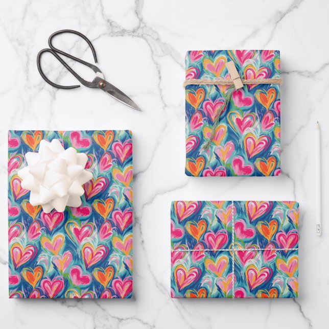 Painted Hearts Wrapping Paper Flat Sheet Set of 3 (Front)