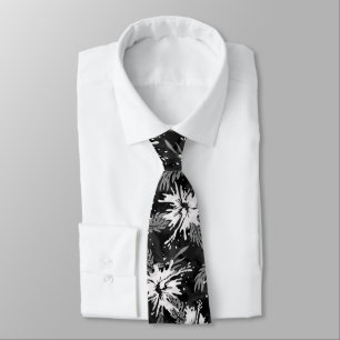 Painted Hibiscus Hawaiian Floral  Black and White Tie