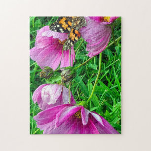Painted Lady Butterfly on Pink Cosmos Flowers Jigsaw Puzzle