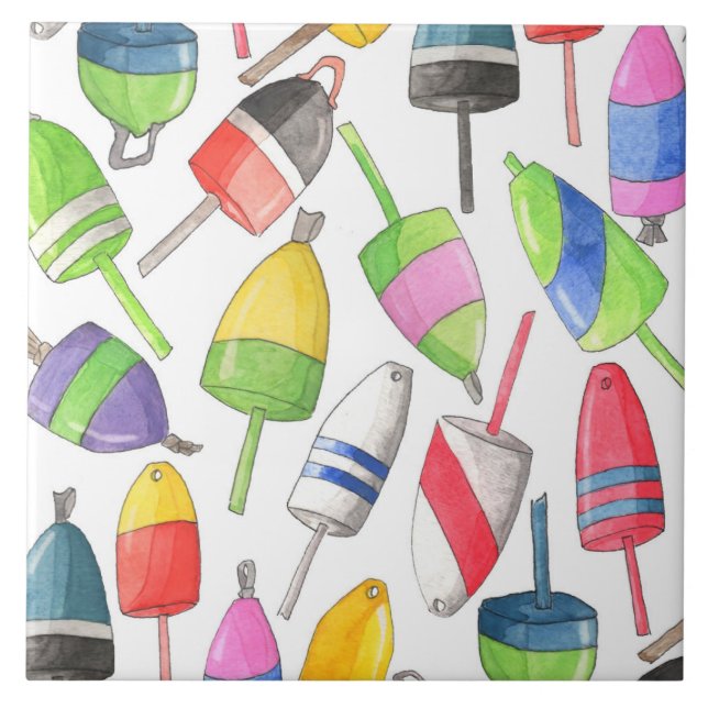 Painted Lobster Buoys Ceramic Tile (Front)