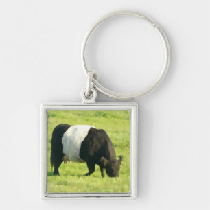 Painted Look Belted Galloway Cow in Field Key Ring