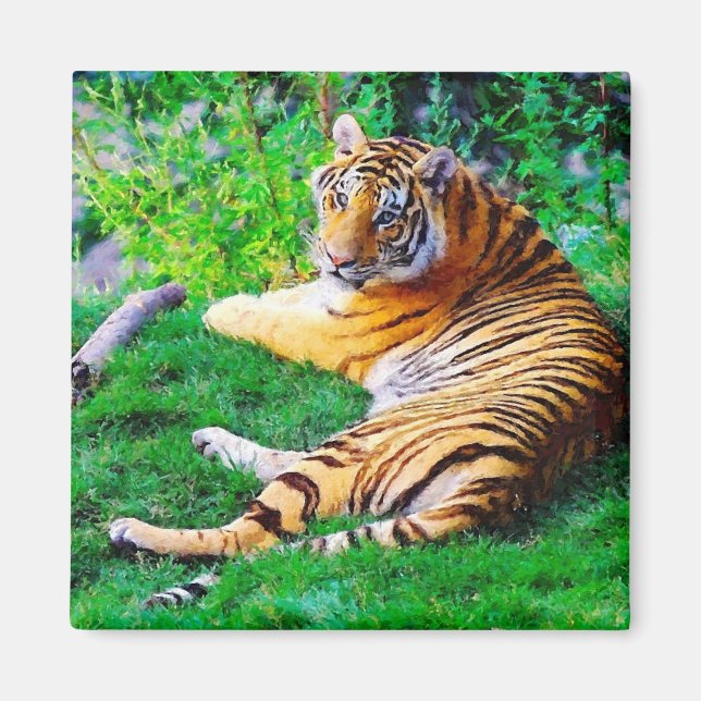 Painted Lounging Tiger in the Grass Wildlife Magnet (Front)