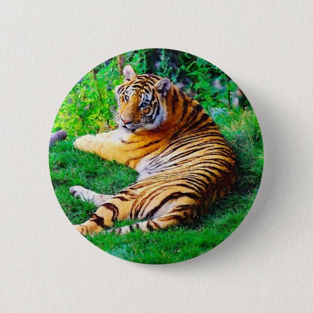 Painted Lounging Tiger Wildlife Pinback 6 Cm Round Badge (Front)