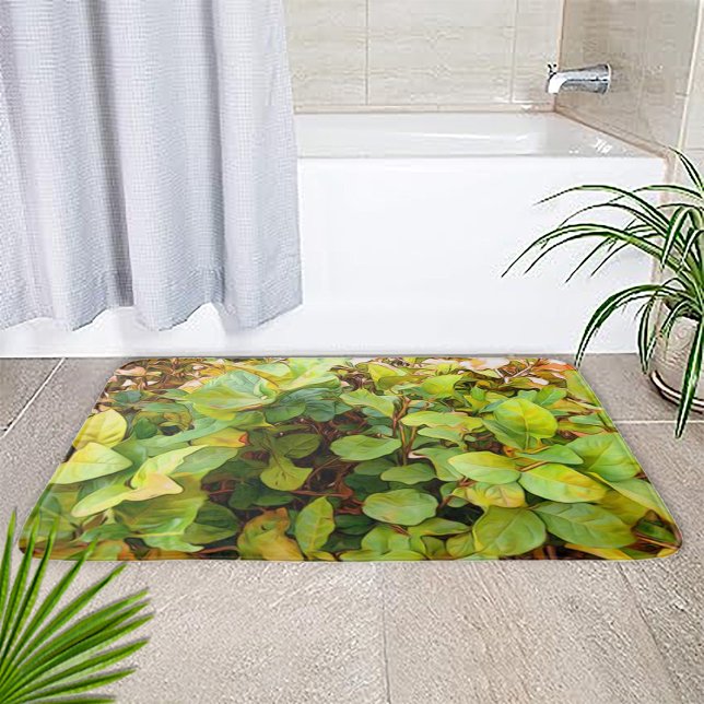 Painted lush green yellow plant bath mat (Painted Autumn Garden Leaves Bath Mat by Looly Elzayat
)
