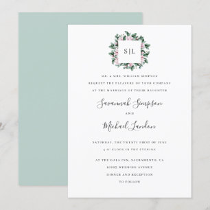 Painted Magnolia Eucalyptus sage monogram wedding Invitation