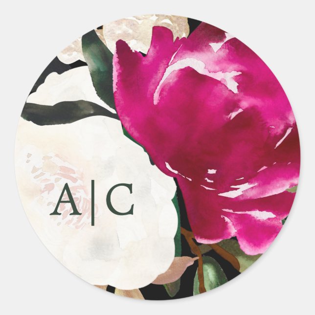 Painted Magnolia on Black | Monogram Wedding Classic Round Sticker (Front)