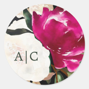 Painted Magnolia on Black Monogram Wedding Classic Round Sticker