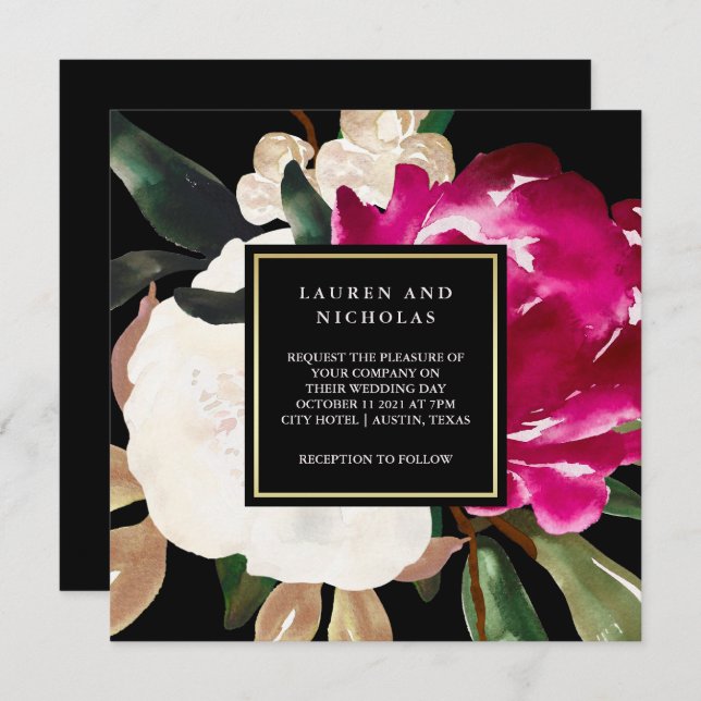 Painted Magnolia on Black | Wedding Invitation (Front/Back)