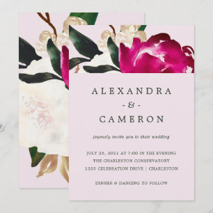 Painted Magnolia on Blush Pink Wedding Invitation