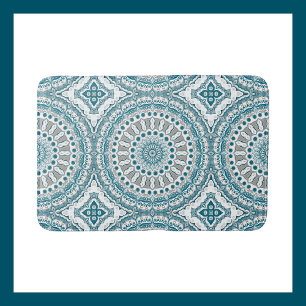 Painted Medallion Pattern in Blue and Grey Bath Mat