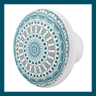 Painted Medallion Pattern in Blue and Grey Ceramic Knob
