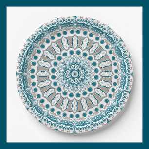 Painted Medallion Pattern in Blue and Grey Paper Plate