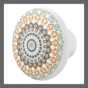 Painted Medallion Pattern in Orange and Grey Ceramic Knob